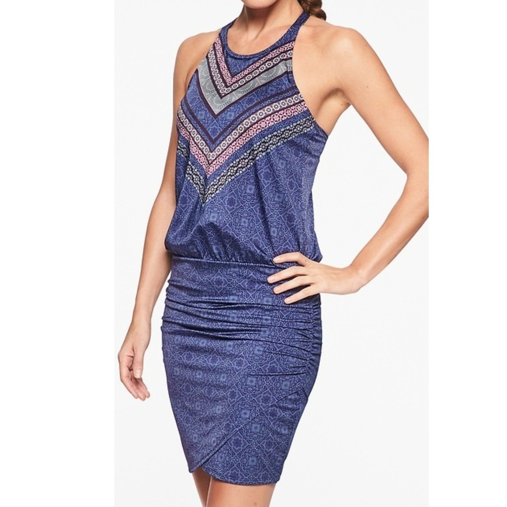 Athleta Aqualuxe Print Swim Dress‎ Blue Purple Geometric Halter Ruched Small